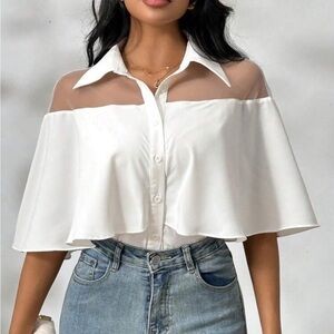 🔴Elegant White Sheer Panel Blouse